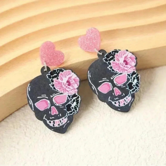 Hot Pink & Black Skull Earrings - Picture 2 of 4